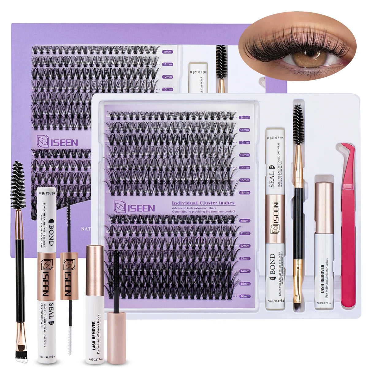 ISEEN DIY Lash Extension Mix Styles Lash Clusters Individual with Bond&Seal Remover Tweezers Lash Brush for Self Application