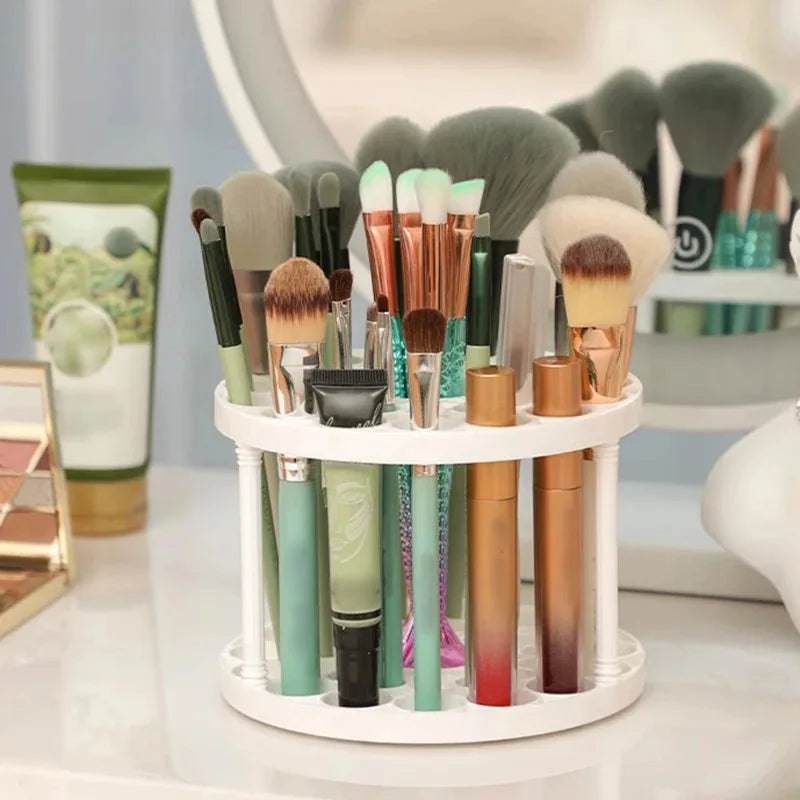 360° Rotating 45-Hole Makeup Brush Holder - Detachable & Washable Circular Storage with Pen Compartment for Dresser