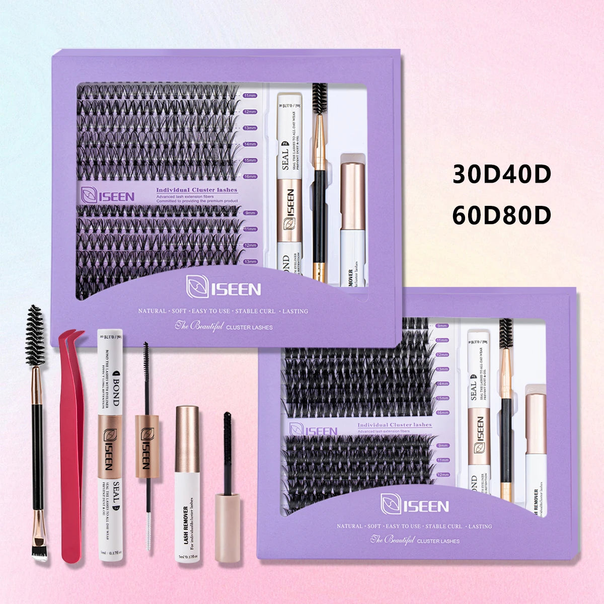 ISEEN DIY Lash Extension Mix Styles Lash Clusters Individual with Bond&Seal Remover Tweezers Lash Brush for Self Application