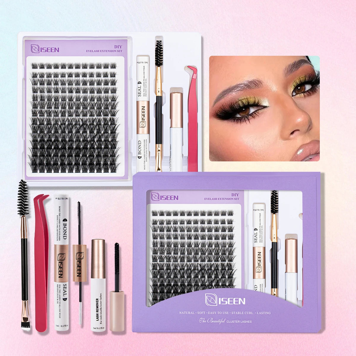 ISEEN DIY Lash Extension Mix Styles Lash Clusters Individual with Bond&Seal Remover Tweezers Lash Brush for Self Application