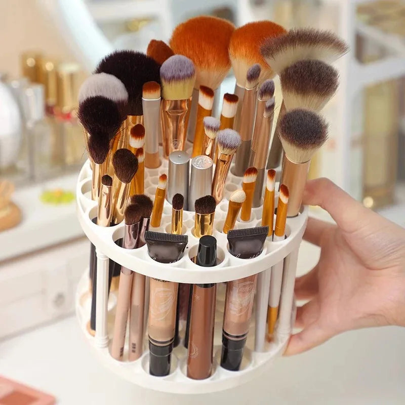 360° Rotating 45-Hole Makeup Brush Holder - Detachable & Washable Circular Storage with Pen Compartment for Dresser