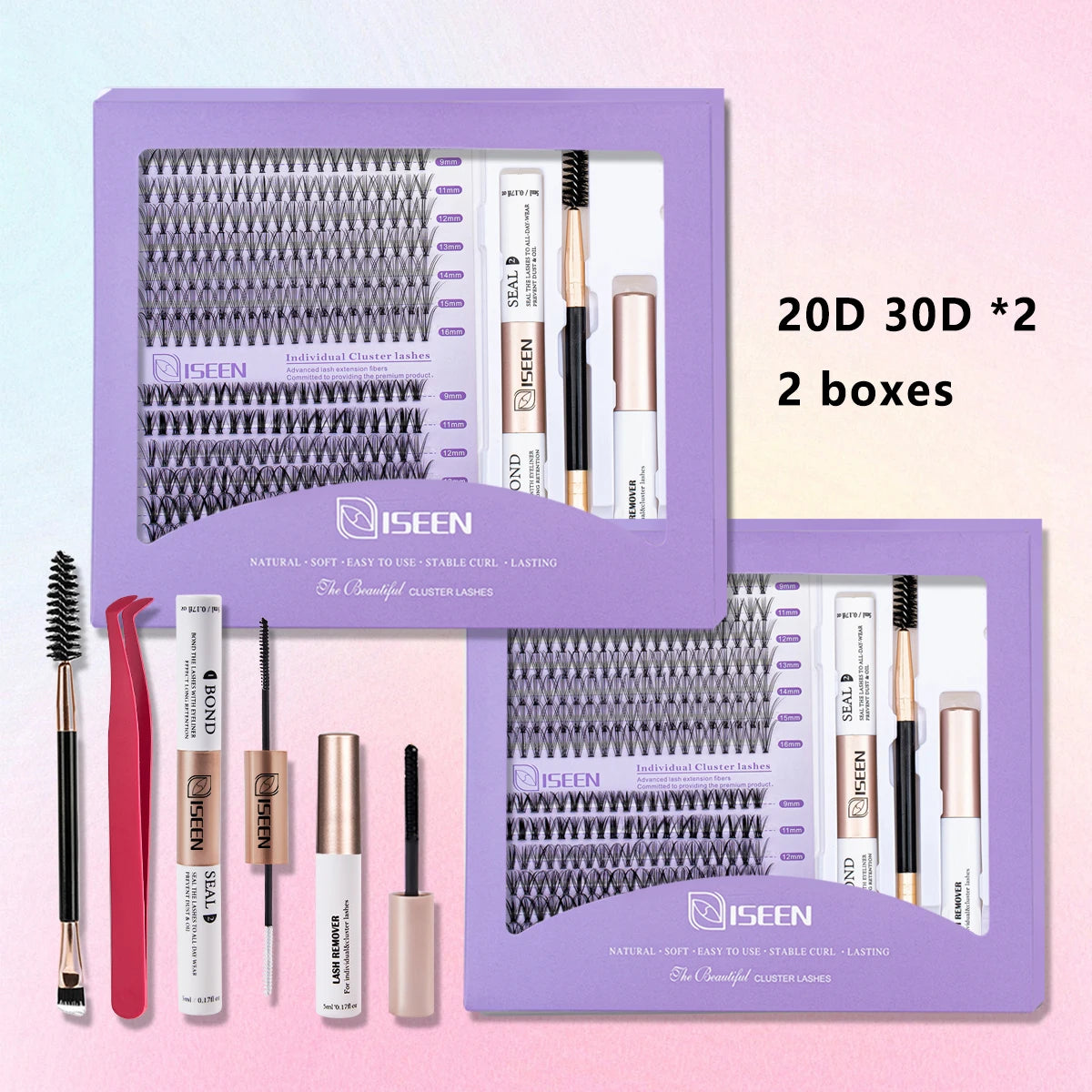 ISEEN DIY Lash Extension Mix Styles Lash Clusters Individual with Bond&Seal Remover Tweezers Lash Brush for Self Application