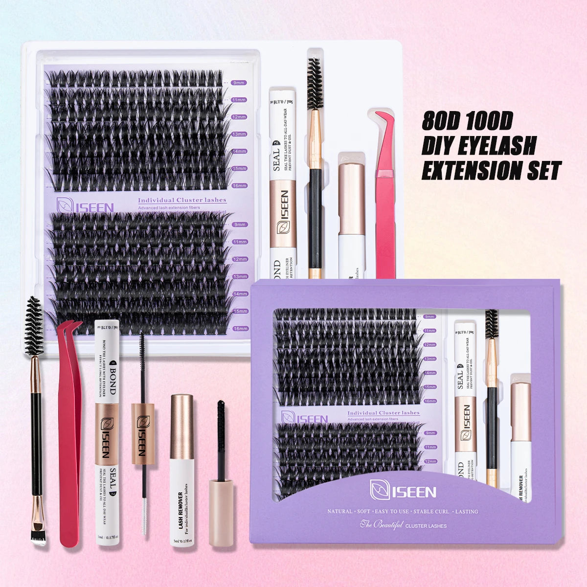 ISEEN DIY Lash Extension Mix Styles Lash Clusters Individual with Bond&Seal Remover Tweezers Lash Brush for Self Application