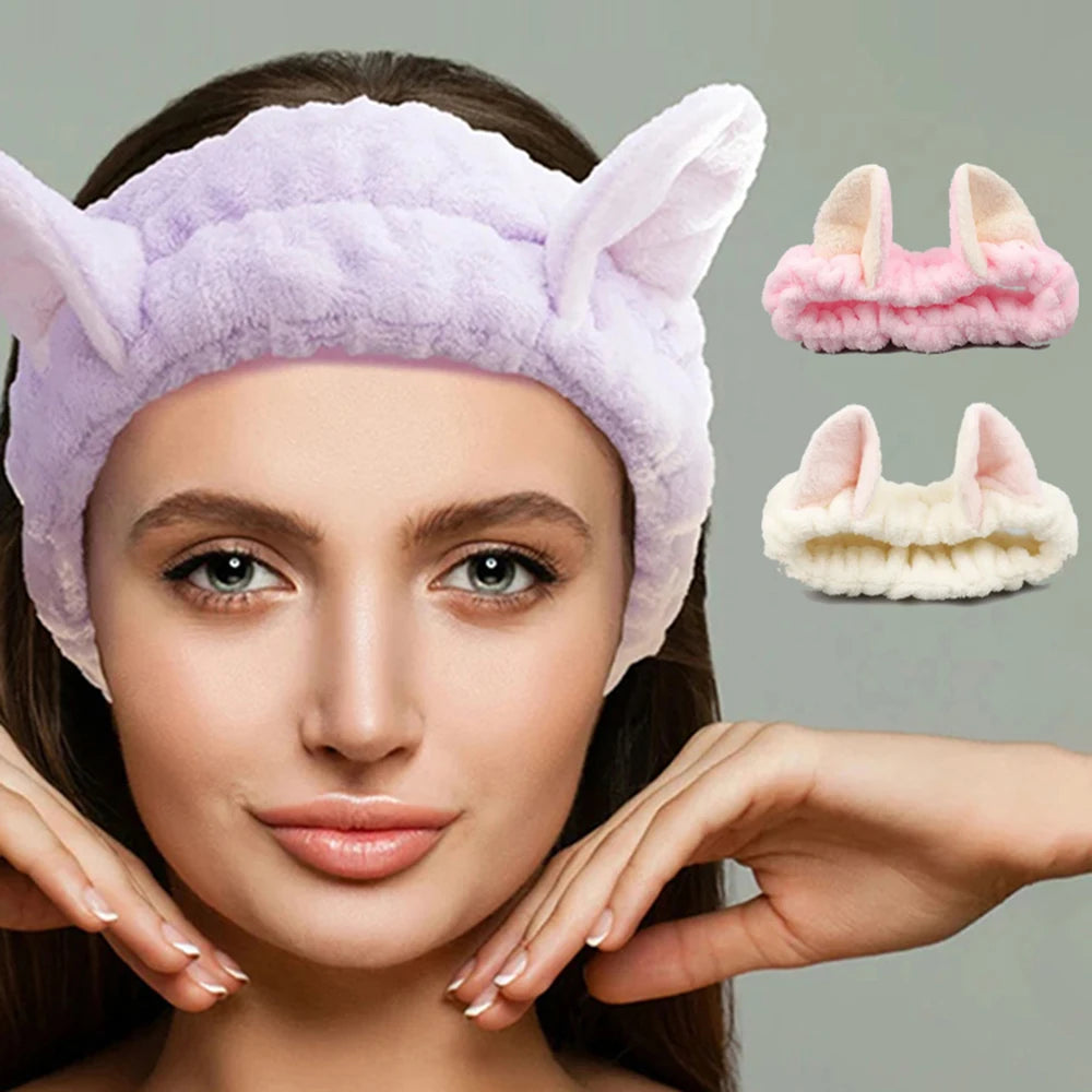 Cute Cat Spa Headband for Washing Face Makeup Skincare, Animal Headbands for Women Girls Trendy Stuff Gifts Soft Coral Fleece Fa